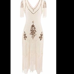 1920s Art Deco Fringed Sequin Dress Gatsby Costume Dress with Sleeve